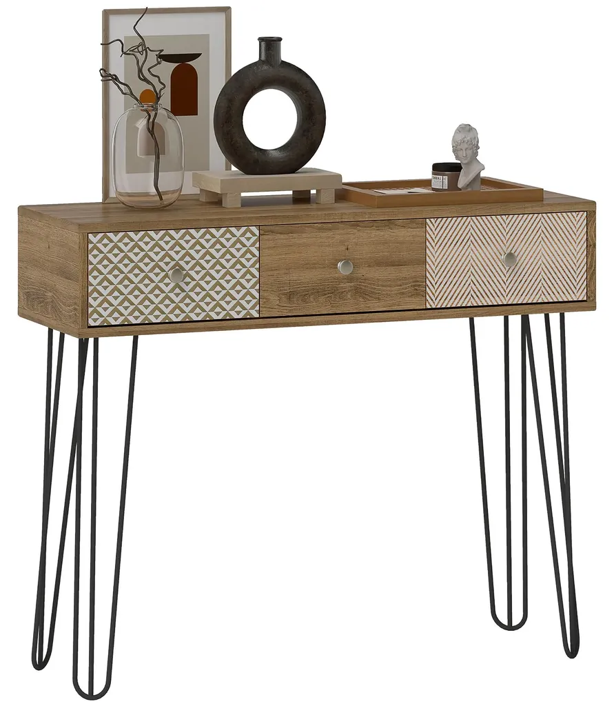 Table console design étroit à trois tiroirs en bois naturel L120cm