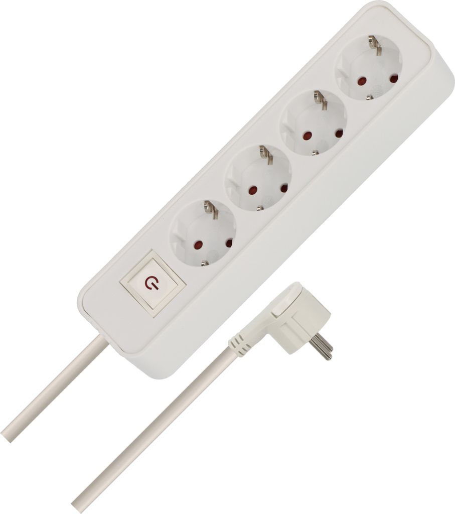 A white power strip with four outlets and a power switch, along with its angled plug and cable, is shown against a white background.