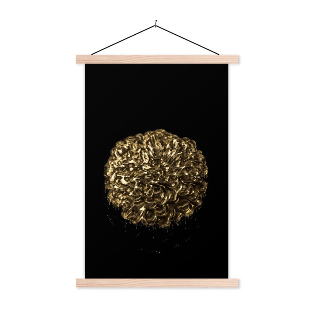 MuchoWow Textilposter Blume - Schwarz - Blatt 40x60 cm mit holzfarbenen Rahmen - Poster