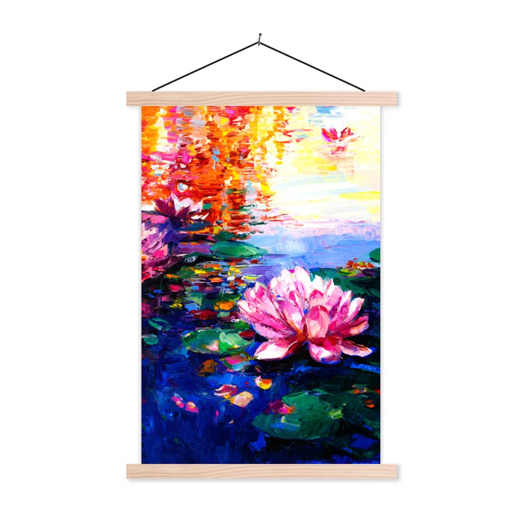 MuchoWow Textilposter Gemälde - Öl - Seerose - Wasser 60x90 cm mit holzfarbenen Rahmen - Textil