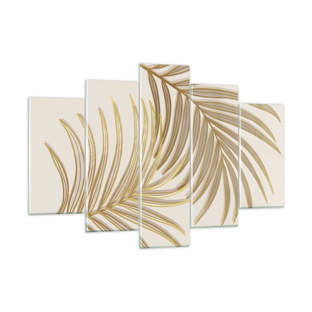 Bilder auf glas - 5 Teile - Golden Blätter Palmen - 150x100cm - Glasbilder - Wandbilder - Bilder - zum Aufhängen bereit - Wanddekoration aus Glas...
