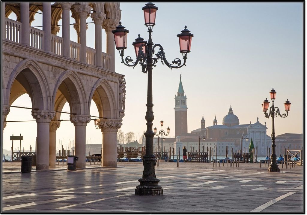 Wallario Wandbild Venedig - Dogenpalast, Markusplatz und San Giorgio Maggiore II, Größe: 70,30 x 100,30 cm, Poster mit schwarzem Aluminiumrahmen