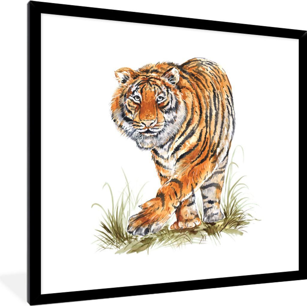 MuchoWow MuchoWow Gerahmtes Poster Tiger - Gras - Kopf 40x40 cm - Poster mit zchwarzem Bilderrahmen - Mit Rahmen - Wanddekoration Schlafzimmer