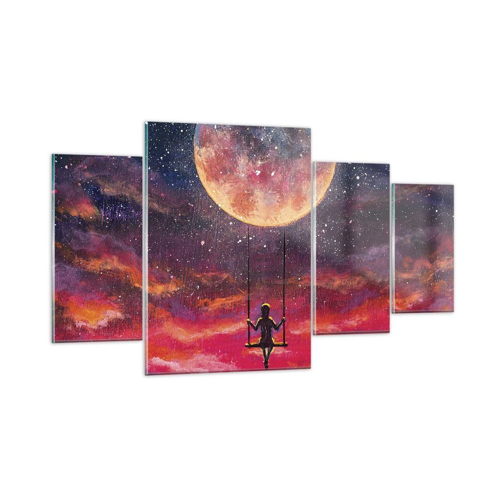 Bilder auf glas - 4 Teile - Mond Schaukel Frau - 160x90cm - Glasbilder - Wandbilder - Bilder - zum Aufhängen bereit - Wanddekoration aus Glas - Gl...