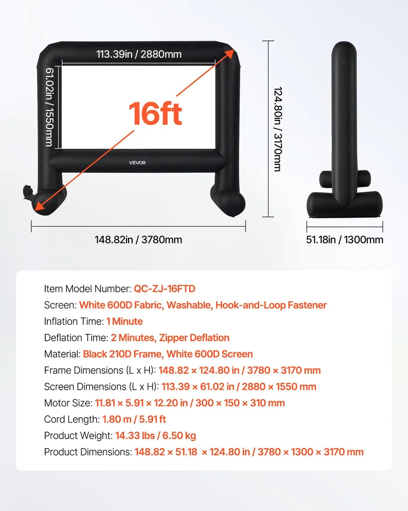 VEVOR schermo gonfiabile per proiezione cinematografica in 600D, schermo di proiezione con borsa portatile, 16:9, proiezione cinematografica per home cinema, festa a tema, divertimento in piscina ( 378 x 130 x 317 cm) - 7