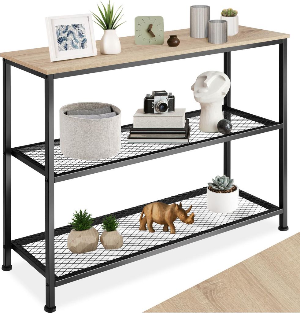 A console table with decorative items on its shelves.