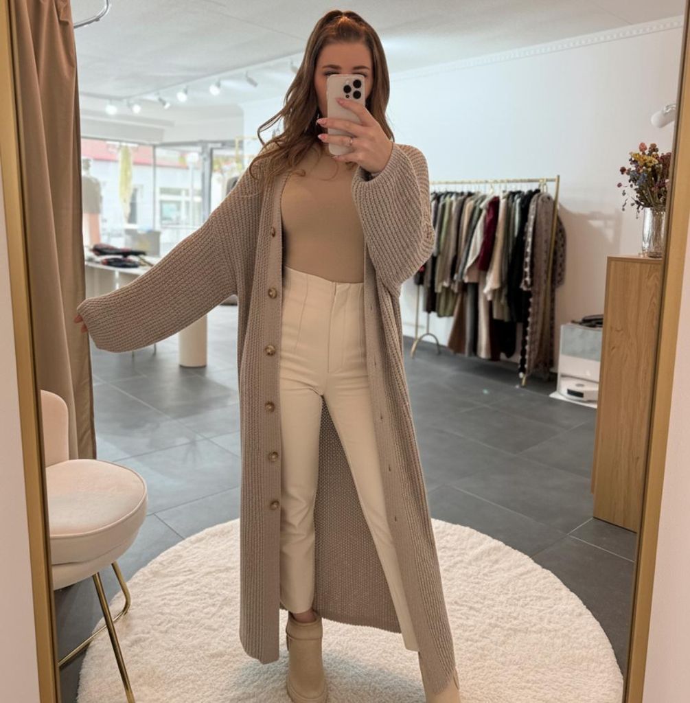 Strickjacke long Damen "Lena" Taupe, Onesize (XS-XL), Frauen Langarm Grobstrickjacke, Herbst Winter Langes Strickmantel Frau Langer Strickjacke