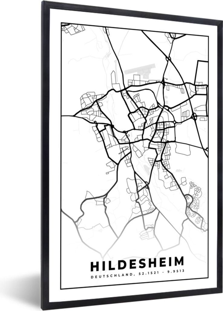 MuchoWow Gerahmtes Poster Hindesheim - Karte - Stadtplan 20x30 cm - Poster mit Schwarzem Bilderrahmen Wandposter Rahmen Foto Bilder - Drucken - B...