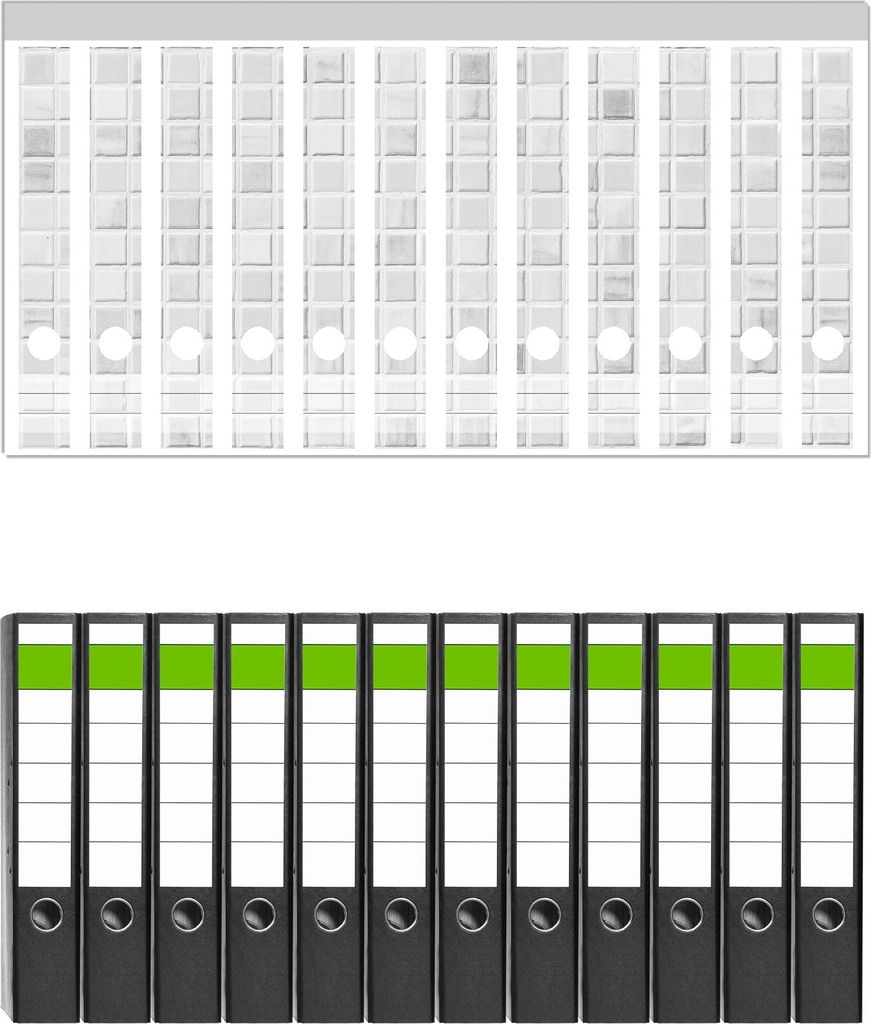 Wallario 12 Stück schmale Ordner inkl. Klebeetiketten mit Motive Fliesen im Bad weiß-grau - Set mit Rückenschildern / Ordnerrücken Stickern