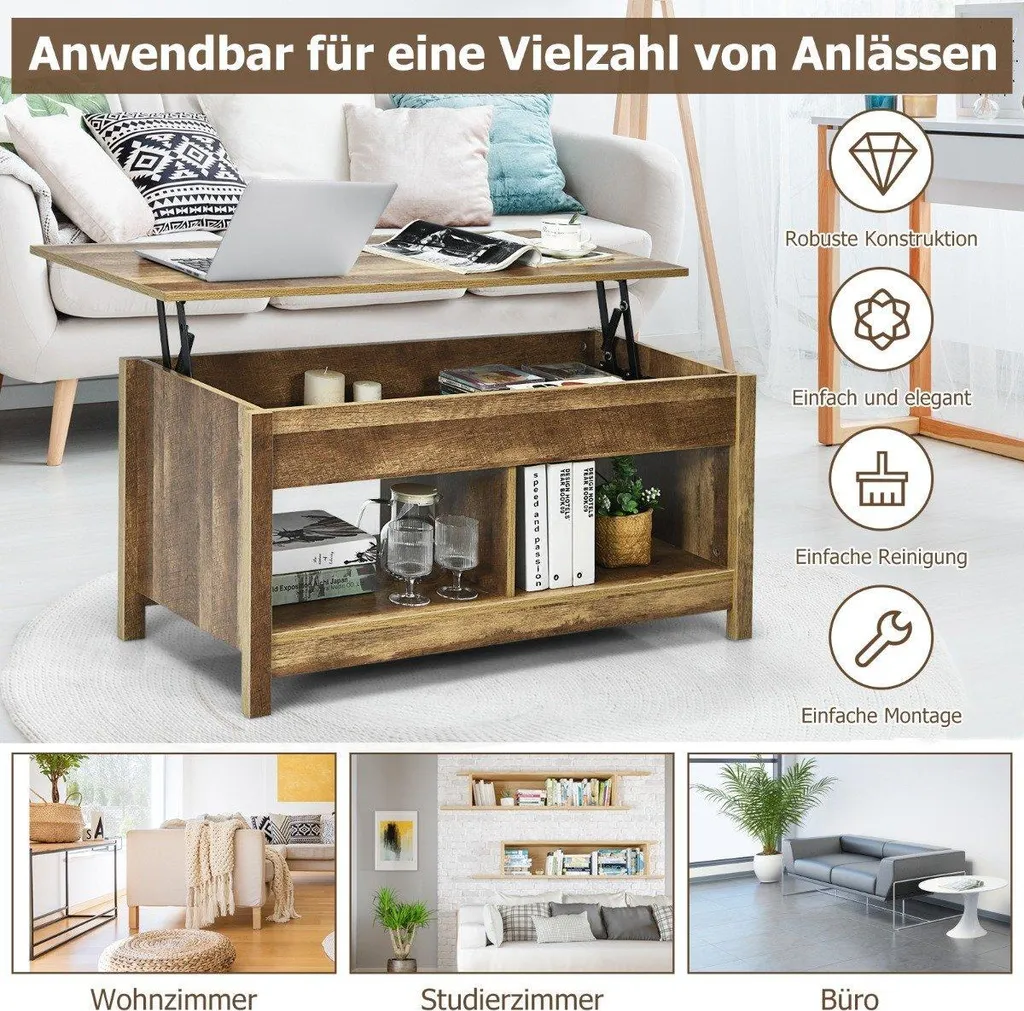 Table Basse Plateau Relevable en Chêne avec Compartiments et Étagères