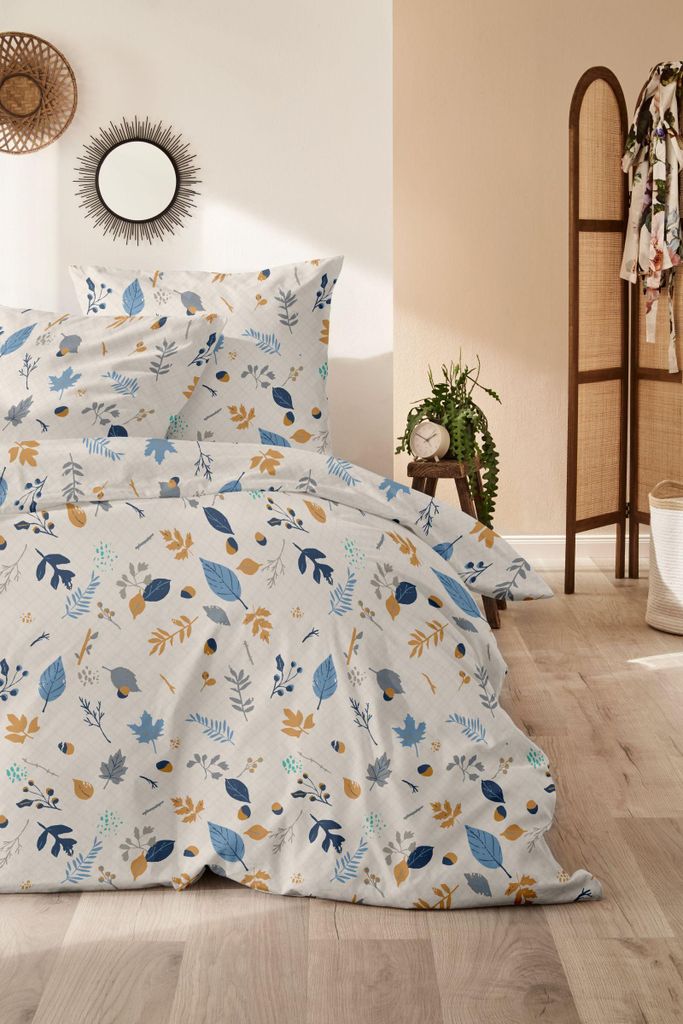 Westminster Biber Bettwäsche 135x200 Blätter Gräser beige blau ocker 172167-73