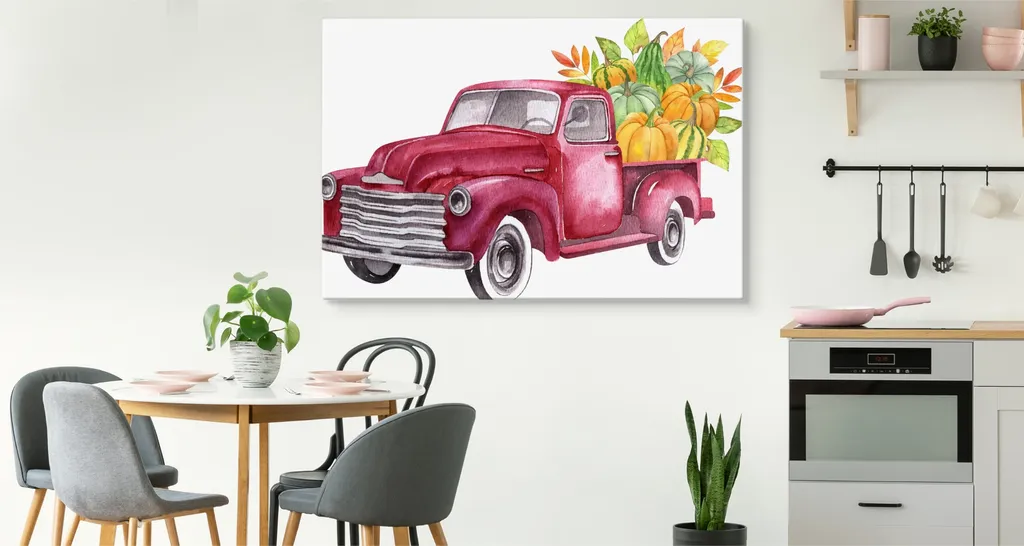 Quadro Vintage Autunno XXL 120x80 - Tela Artistica Zucca e Auto d'Epoca - 2