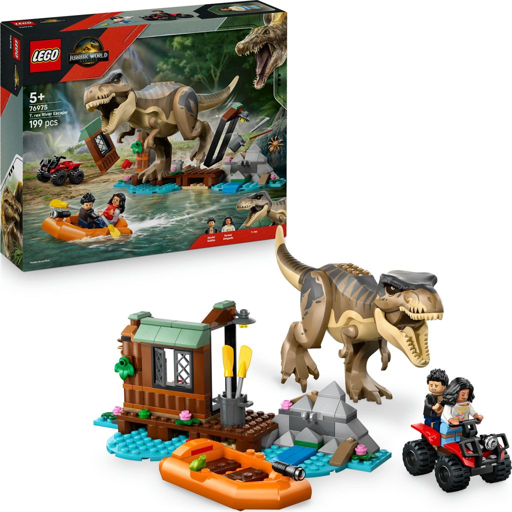 LEGO Jurassic World Flucht vor dem T.Rex – Interaktives Spielzeug mit Dinosaurier-Figur, Boot, ATV und 2 Minifiguren – Geschenk für Jungen und...