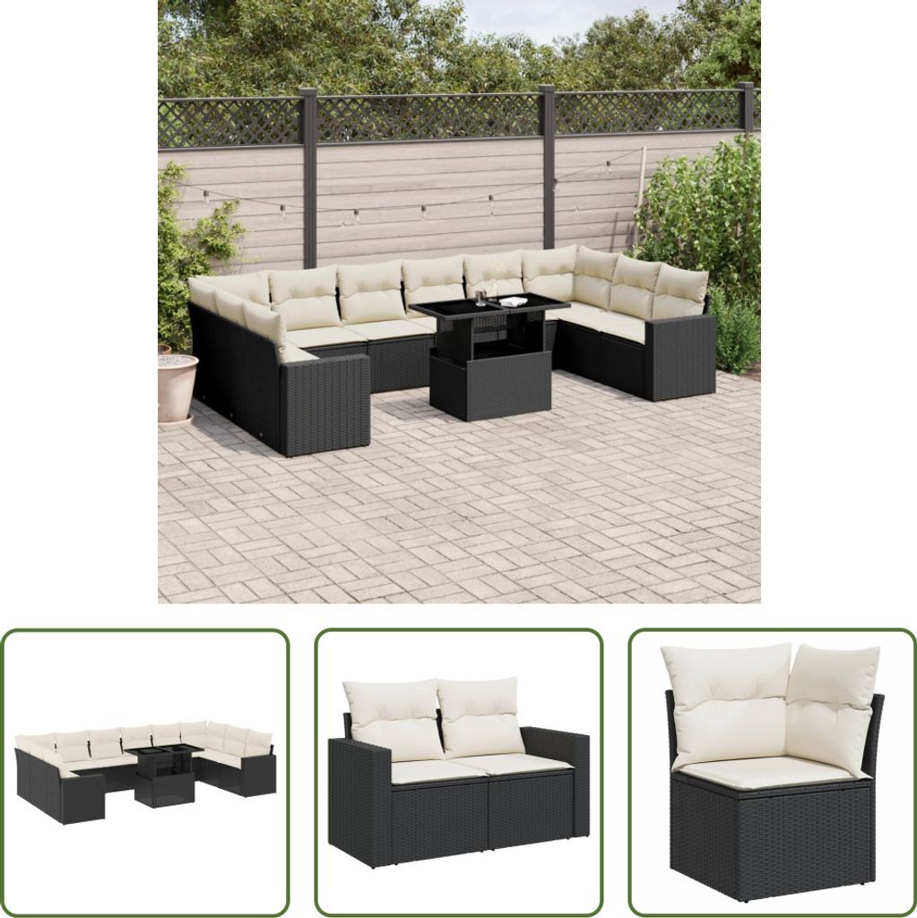 The Living Store 11-tlg. Garten-Sofagarnitur mit Kissen Schwarz Poly Rattan