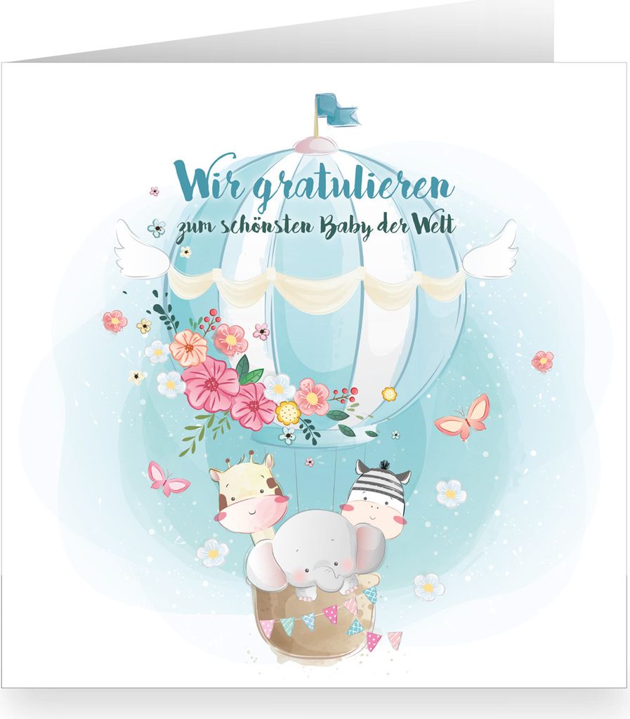 Süße hellblaue, quadratische Babykarte mit niedlichen Tieren im Heißluftballon: Wir gratulieren zum schönsten Baby der Welt