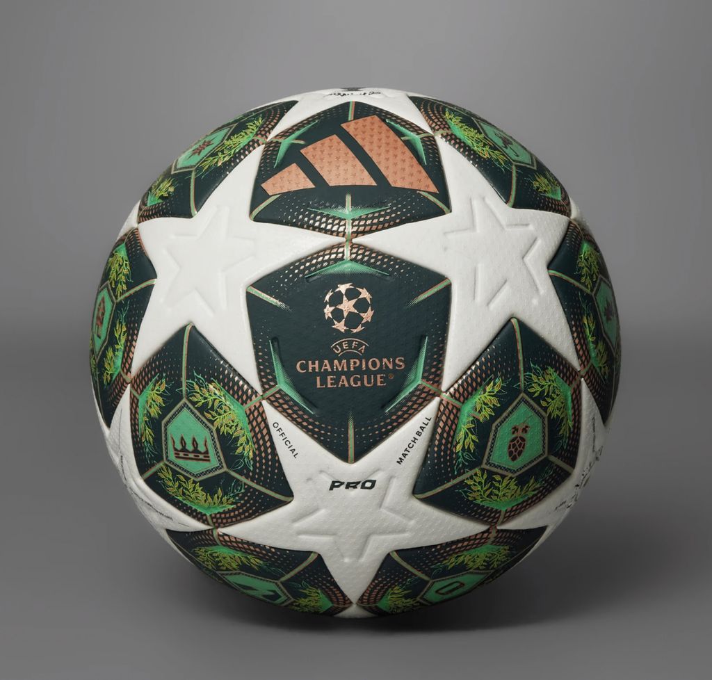A soccer ball with the UEFA Champions League logo and Adidas branding.