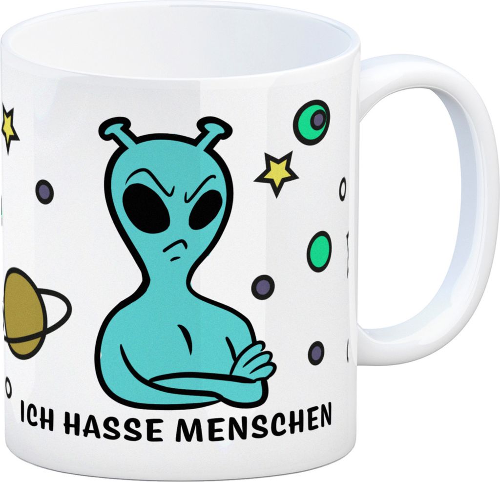 Kaffeebecher mit lustigem Comic Alien Motiv - Ich hasse Produktbild 