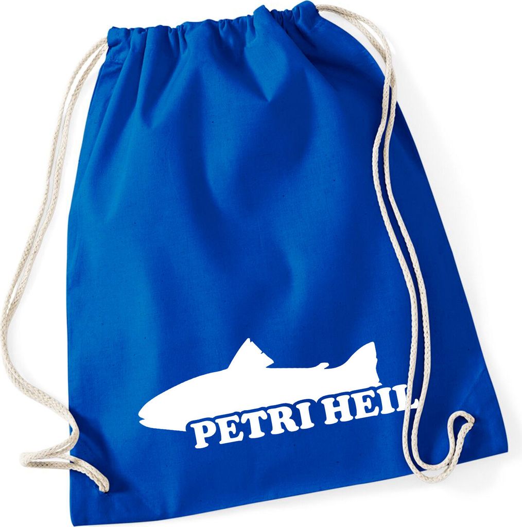 Huuraa Turnbeutel Petri Heil Fischergruß 12 Liter Bright Royal Baumwolle Rucksack Geschenkidee
