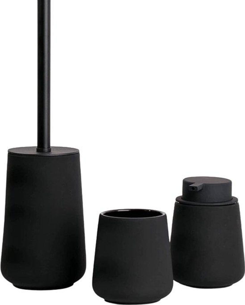 Badkamer-set mit 3-fachiger Seifen-Dispenser, Zahnbürstenhalter und Toilettenbürste, schwarz, matt