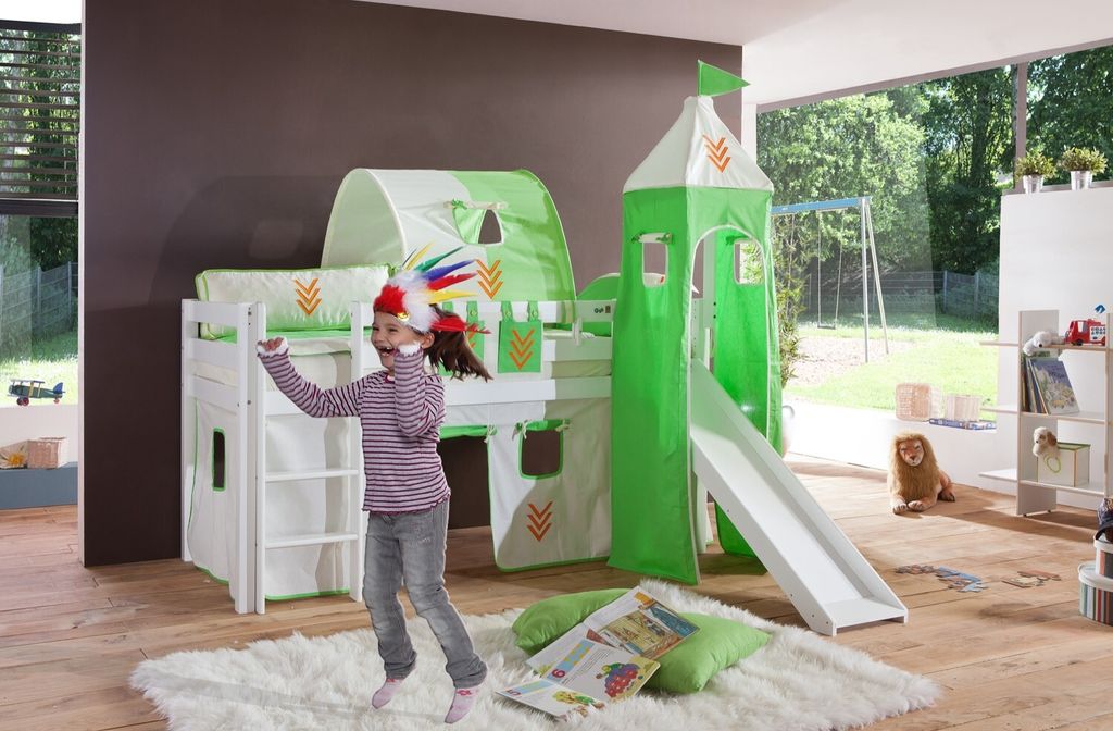 Einzelbett Alex Buche massiv 90x200 cm Weiß lackiert mit Stoff-Set und Rutsche