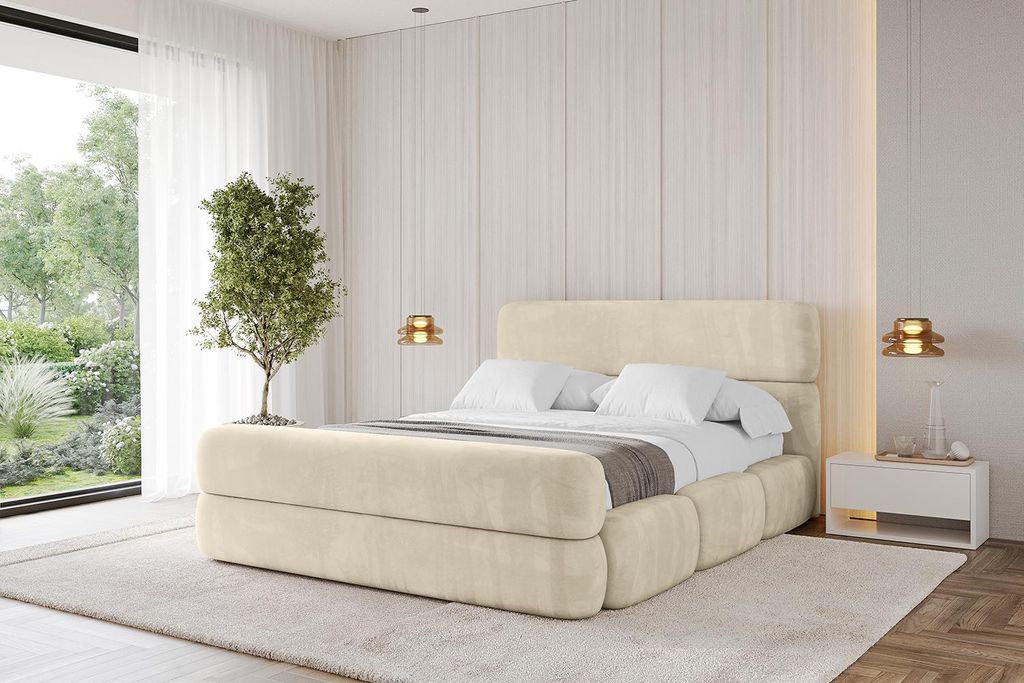 ALTDECOR Polsterbett mit Bettkasten - ELVA-Z 200x200 Beige - Bett mit Kopfteil und Fußteil, Boxbett ohne Matratze, Doppelbett mit Stauraum