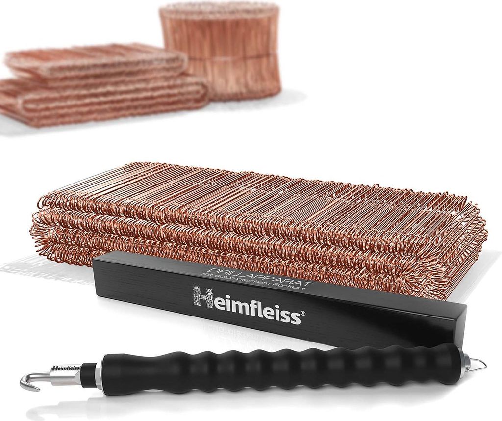 Heimfleiss Drillapparat + Betonbindedraht 1,0 x 120 mm (500 Stk.) - verkupferter Ösendraht mit Drahtbinder - Drilldraht inkl. Drillgerät