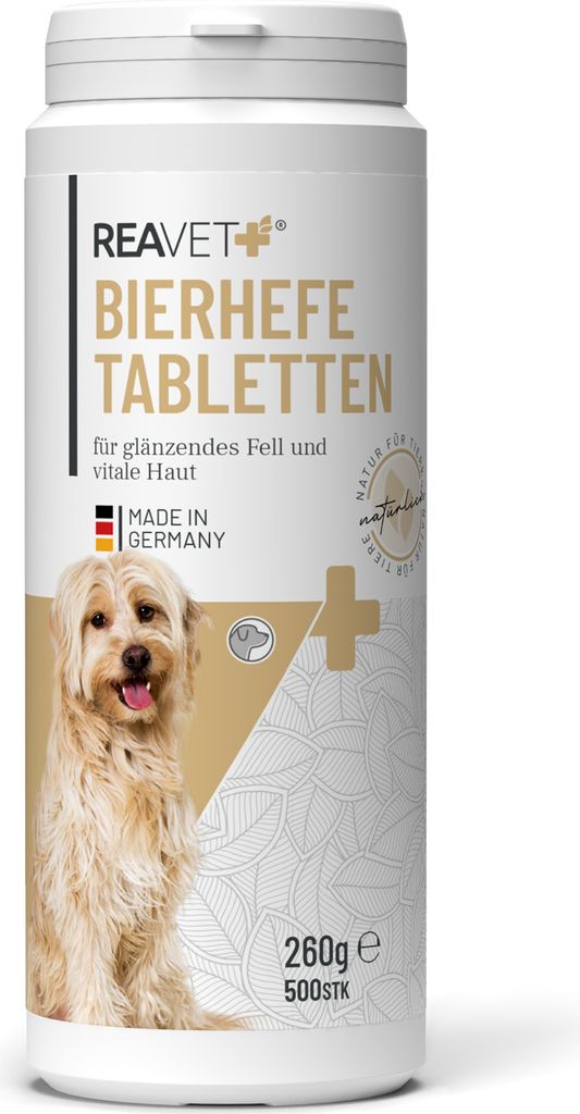 REAVET Bierhefe-Tabletten für Hunde 500 Stück – Naturrein in , für glänzendes kräftiges Fell + Vitale Haut, mit Biotin & Vitamin B I Bierhef...