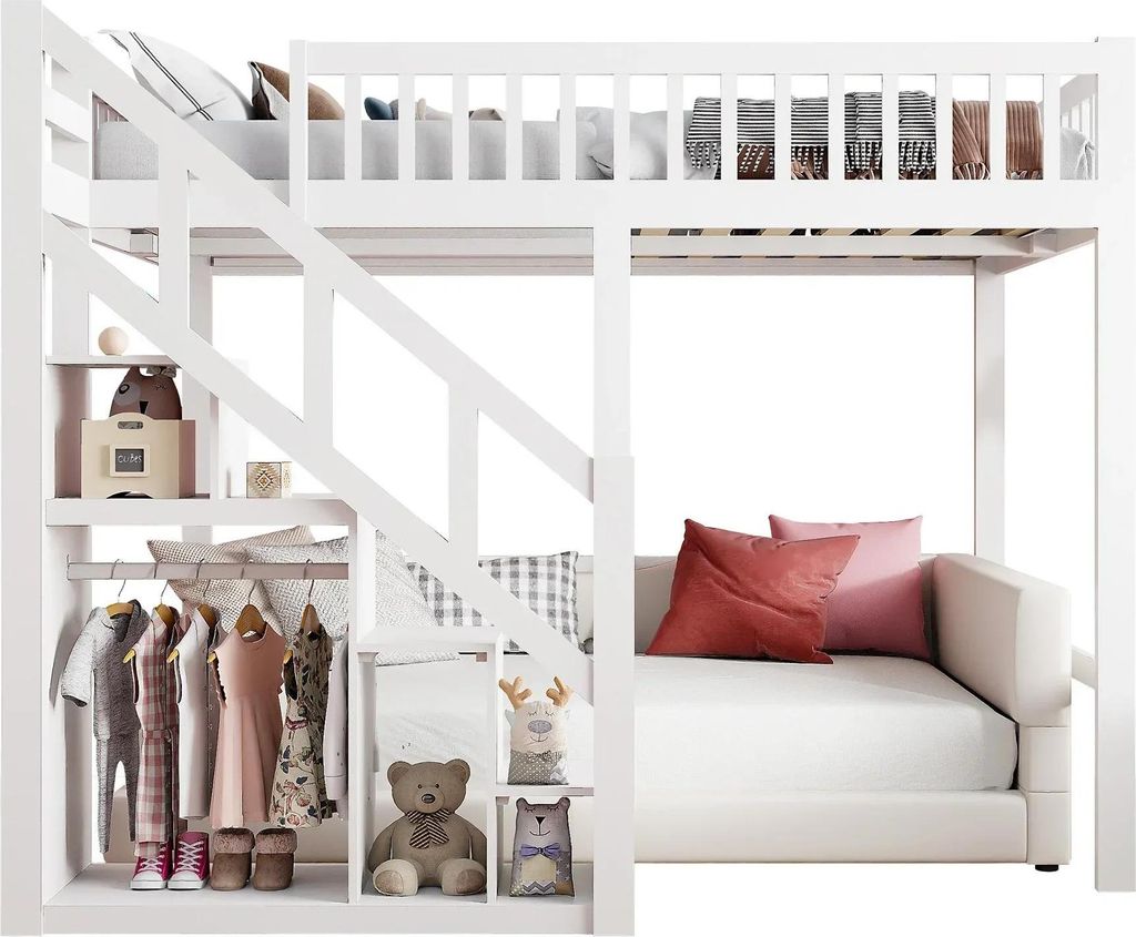 Kinderbett - Hochbett - 140x200 cm - Mit Treppe - Mit Rausfallschutz - Massivholz - Weiß