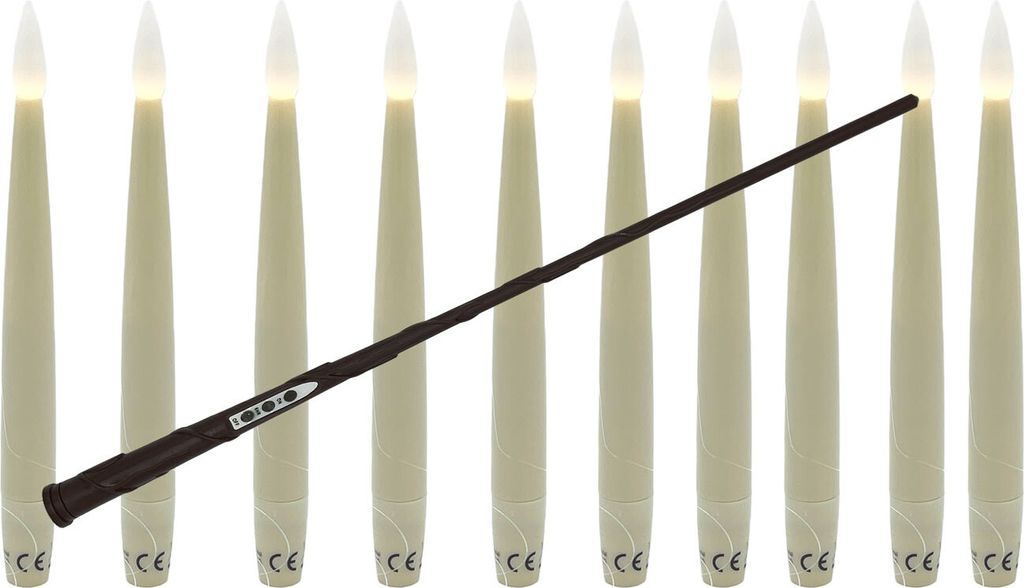 A wand is placed diagonally across a row of LED candles.