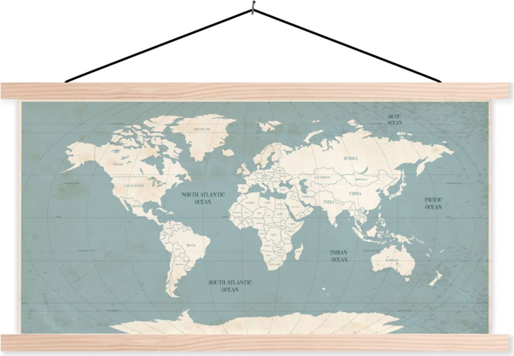 MuchoWow Textilposter Weltkarte - Vintage - Blau 120x60 cm mit holzfarbenen Rahmen - Klemmleiste