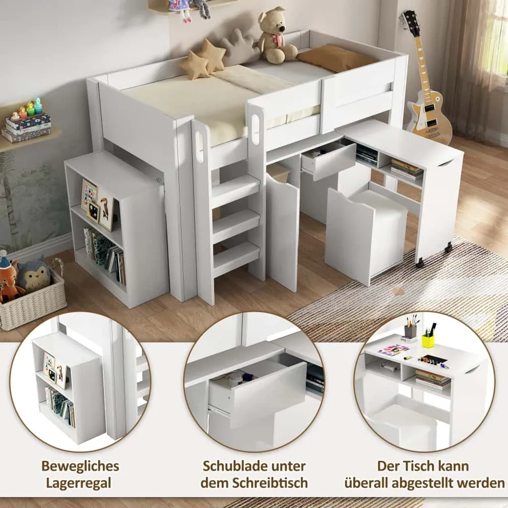 AIORBER Lit superposé 90x200 avec bureau et armoire en MDF blanc - 9