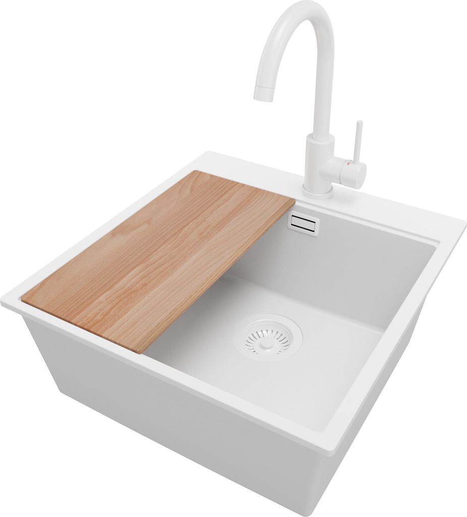 PRIMAGRAN Granitspüle Alles Weiß 48x50cm, Spülbecken 1 Becken + Küchenarmatur 32x20cm + Ablauf-Set + Schneidebrett, Küchenspüle ab 50er Unter...