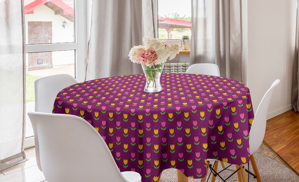 ABAKUHAUS Blume Runde Tischdecke, Cartoonish Design Tulpen, Kreis Tischdecke Abdeckung für Esszimmer Küche Dekoration, 150 cm, Dunkle Magenta Rosa