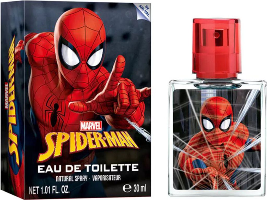 A product shot of Spider-Man branded Eau de Toilette and its packaging.