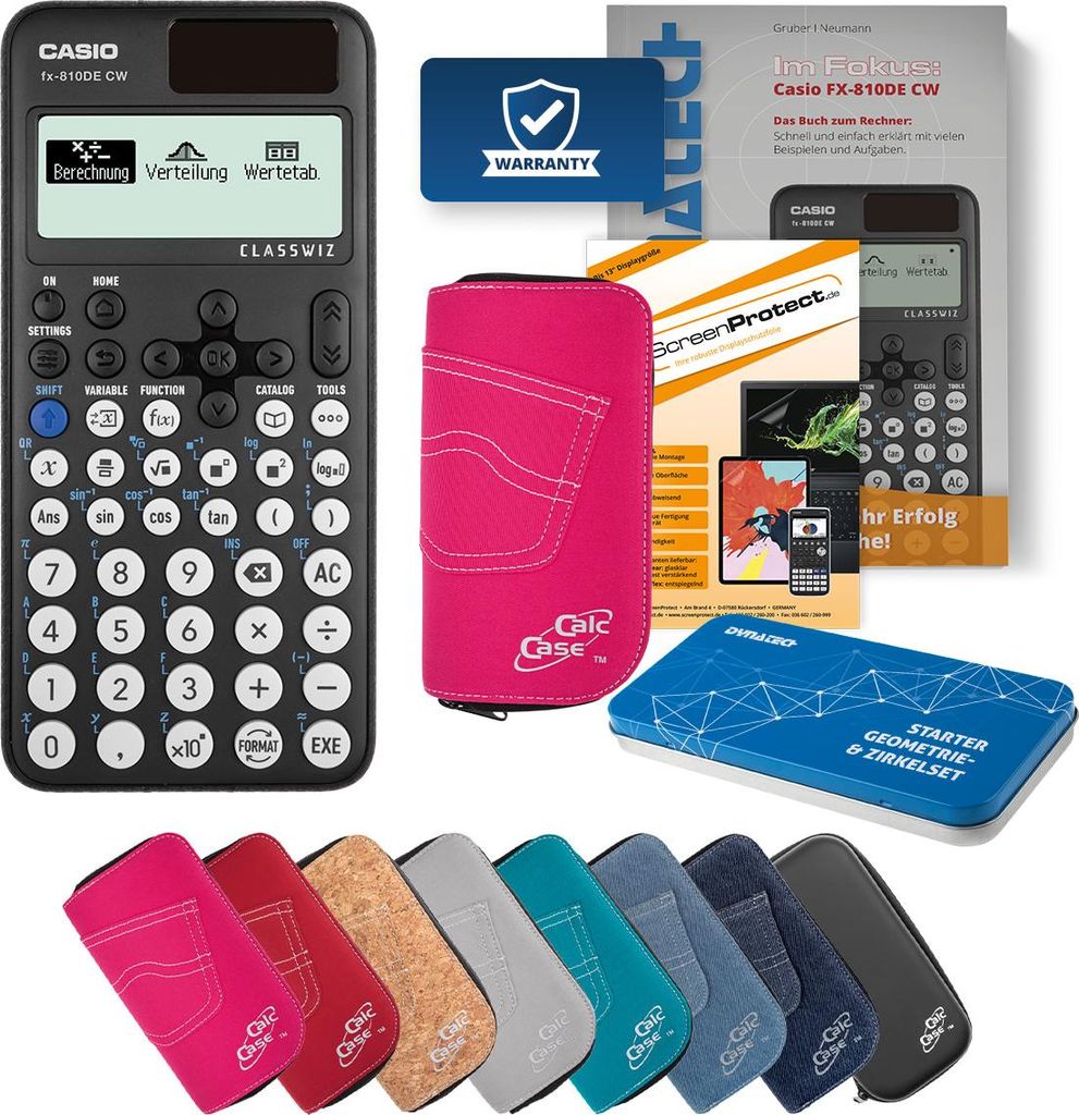 Casio FX-810 DE CW Taschenrechner mit Tasche pink, Folie, Fachbuch & Zirkel Set