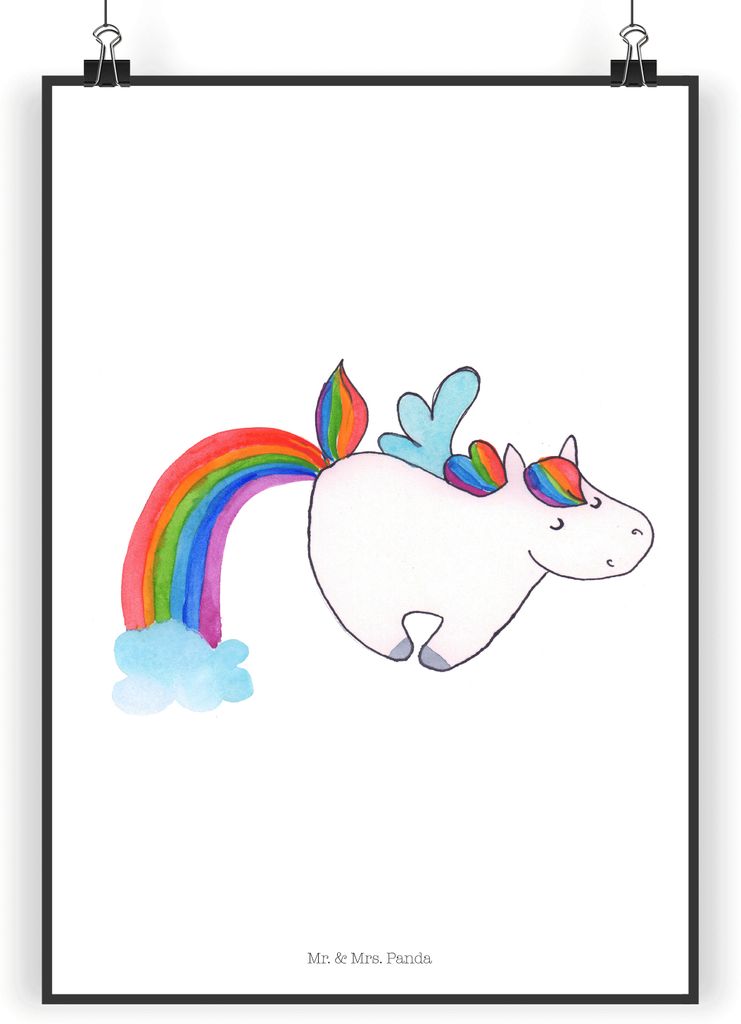 Mr. & Mrs. Panda Bild Einhorn Fliegendes Pferd DIN A5 - Weiß - Geschenk, Wandbild, kunstdruck poster, Realität, Posterdruck, Regenbogen, Unicorn,...