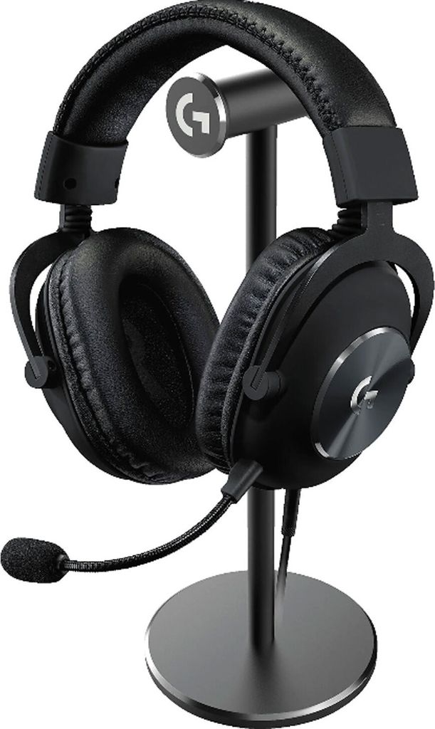 A black Logitech G PRO X gaming headset is displayed on a black stand against a white background.