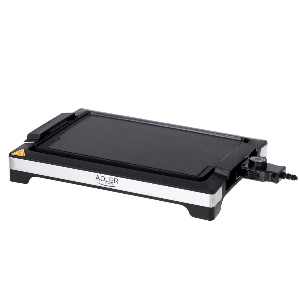 A black and silver table grill is shown from a side angle against a white background.