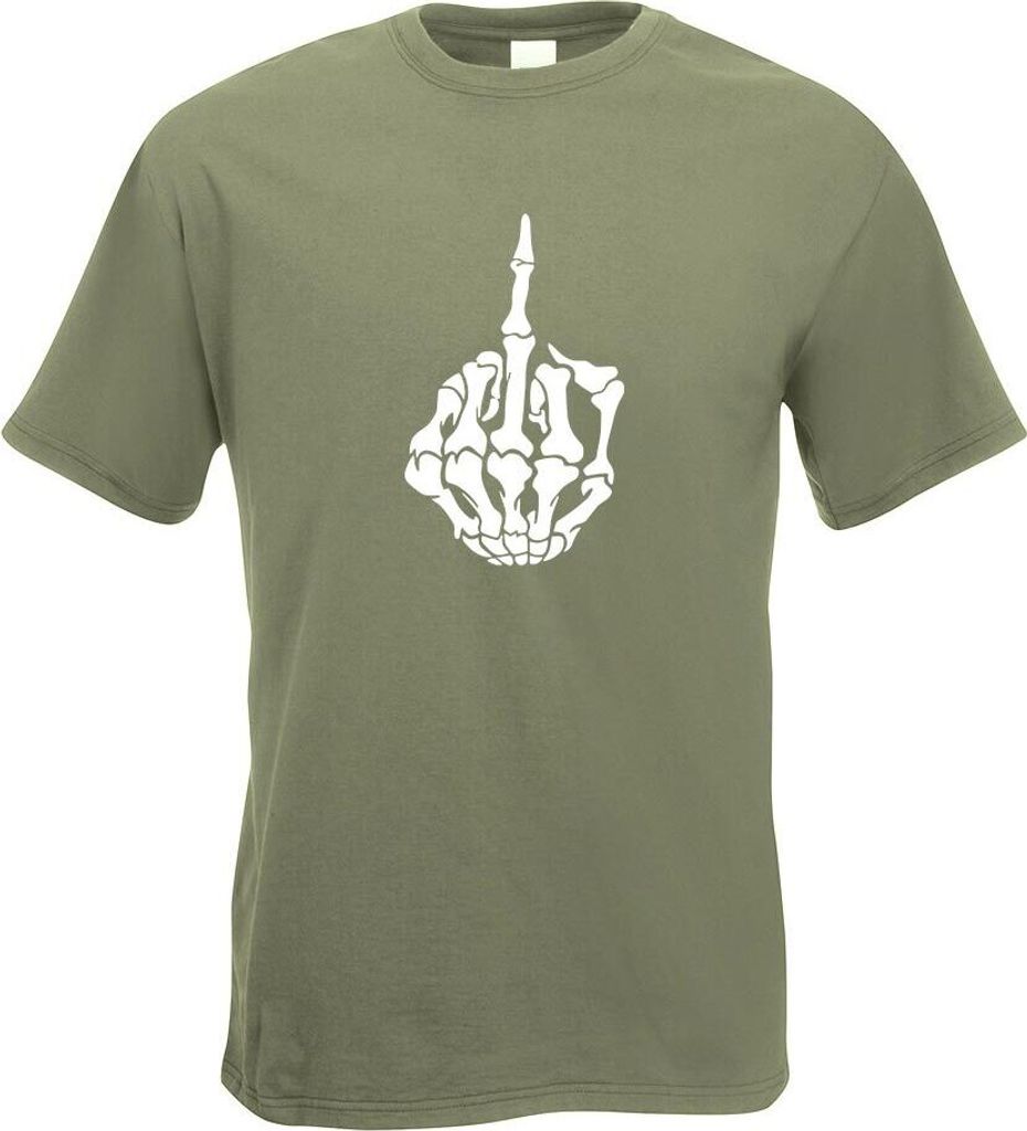 Kiwistar - T-Shirt - Olive - Mittelfinger Skelett Hand Motiv Bedruckt Funshirt Design Print - mit Motiv Bedruckt - Funshirt Design - Sport - Freize...