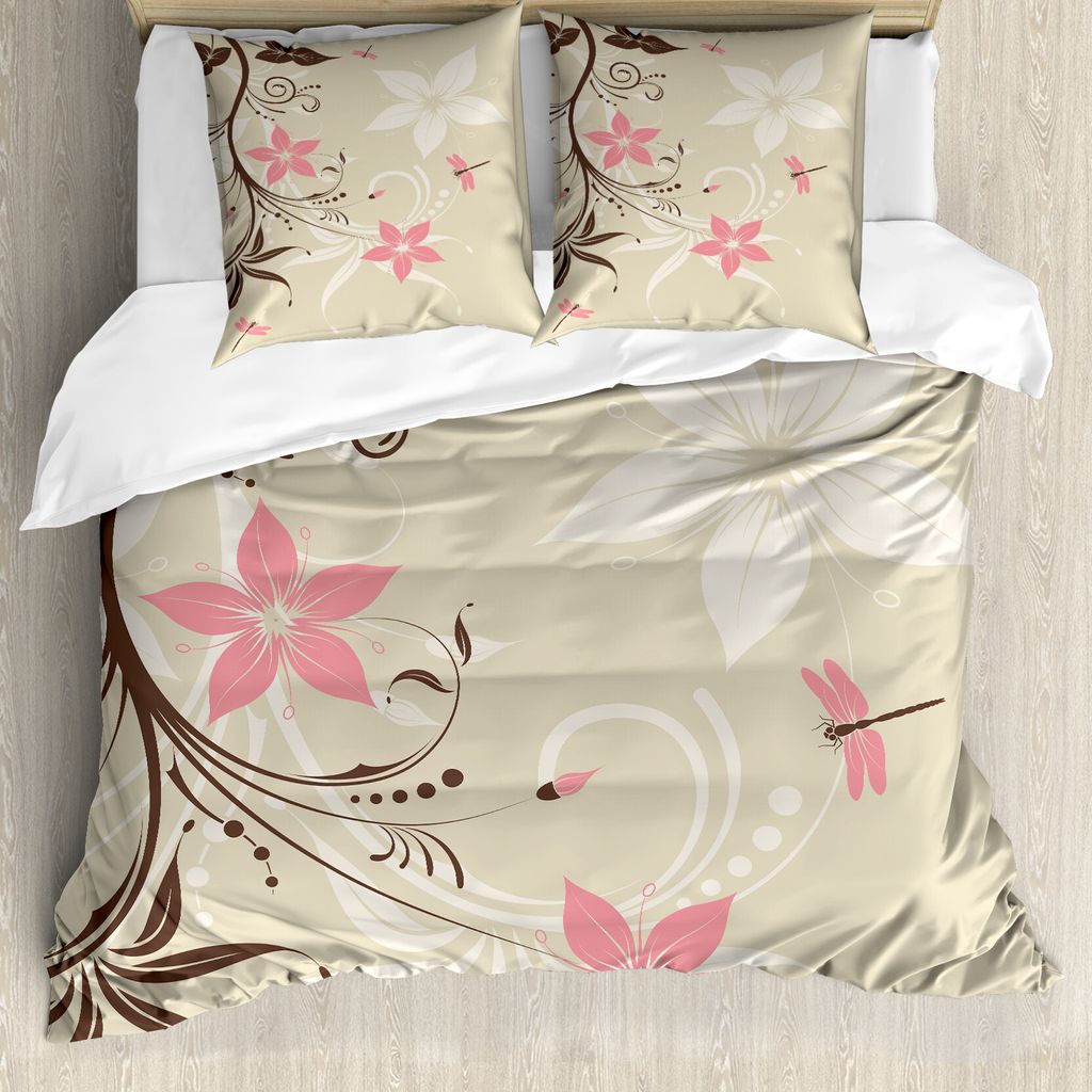 ABAKUHAUS Blumen-Kunst Bettbezugs Set Für Doppelbetten, Fliegende Libellen, Milbensicher Allergiker geeignet mit Kissenbezügen, Braune Bräune