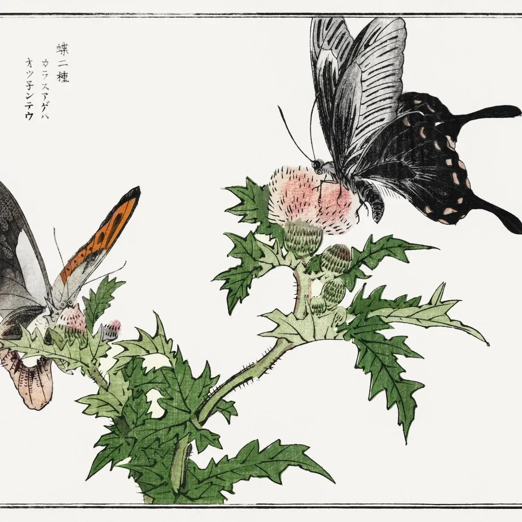 Poster 100x100 cm Farfalle e Fiori Morimoto Toko Giapponese Vintage