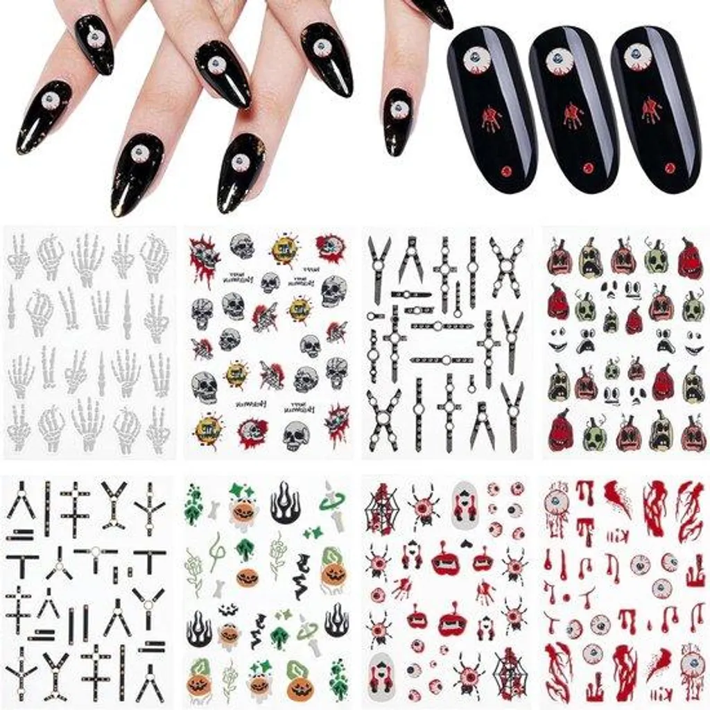 Nail Art Halloween 5D : Stickers Faciles Sans Bavure - Lot de 8 Planches