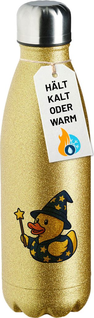 Huuraa Trinkflasche Quietscheente Zauberer Gummiente Magier 500ml Gold Edelstahl Wasserflasche Trinkflasche Geschenkidee