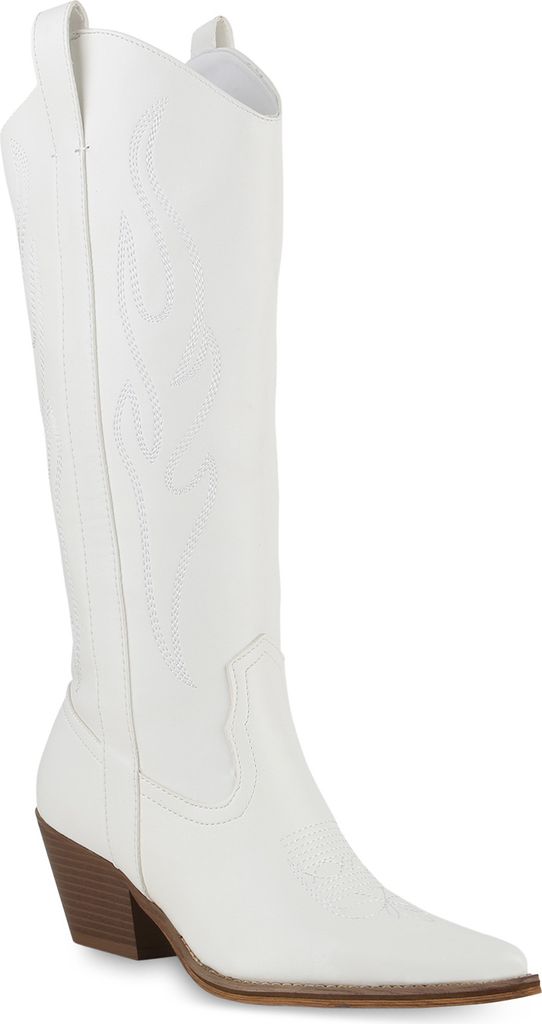 VAN HILL Damen Leicht Gefütterte Cowboystiefel Stiefel Stickereien Schuhe 839870, Farbe: Weiß, Größe: 37