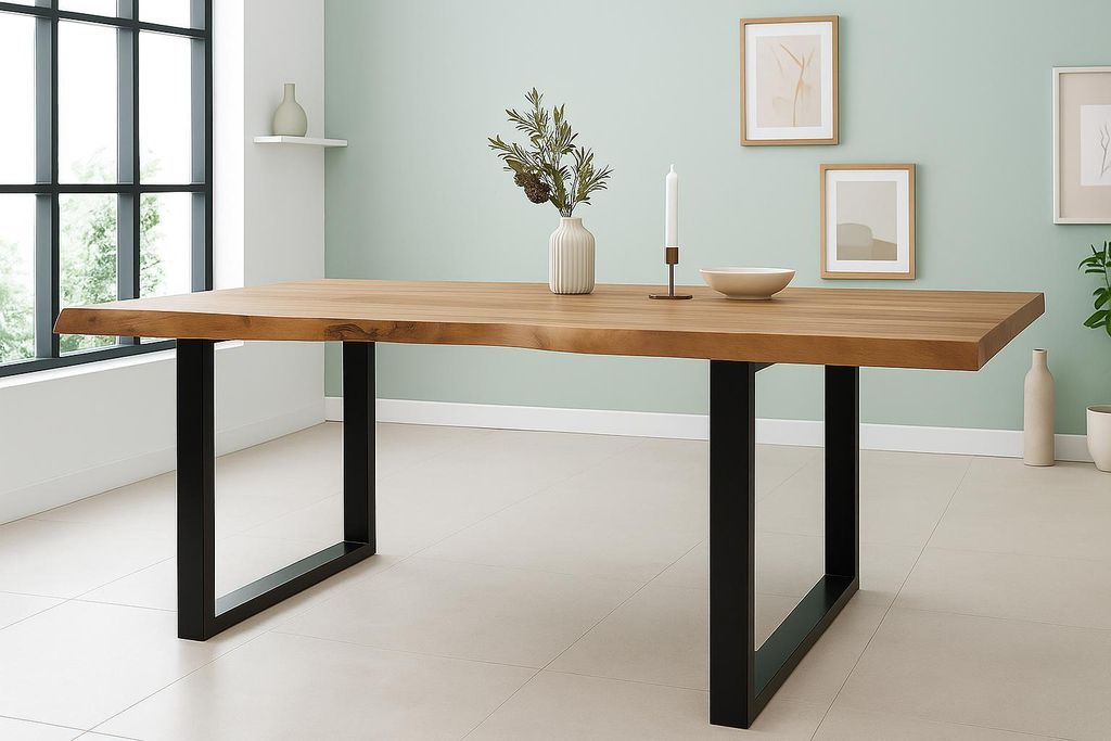 Esstisch Baumkante 240 x 110 cm Akazie Natur massiv U-Gestell schwarz CALISTA