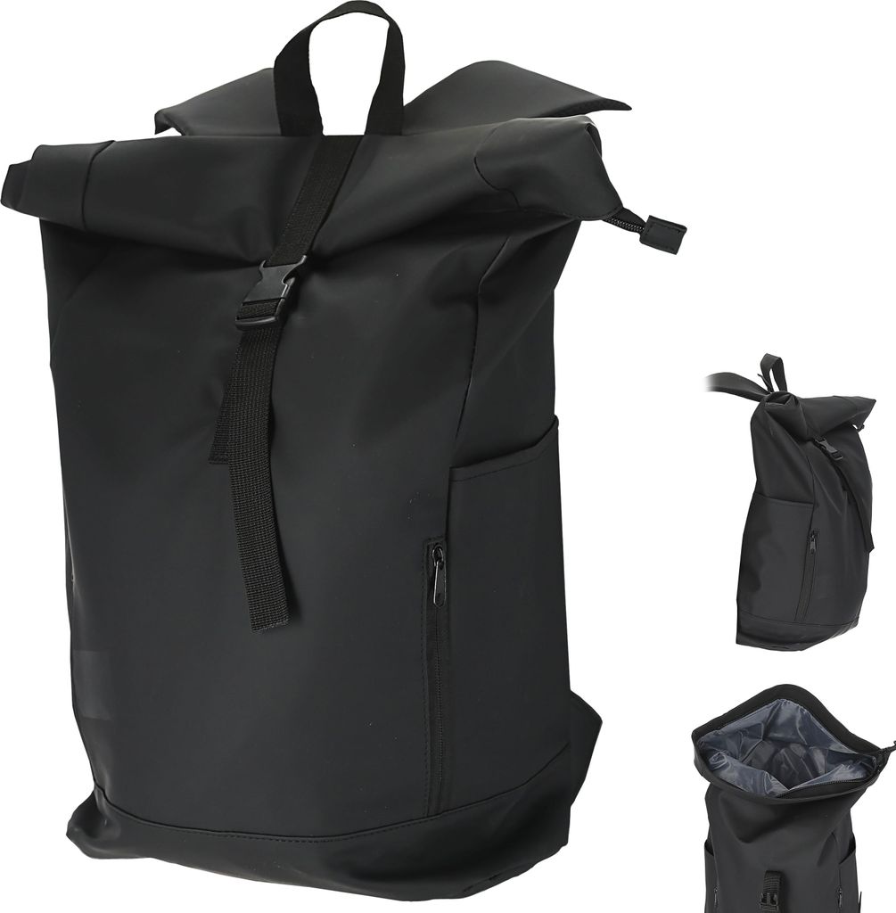 Falt Rucksack Minor 30l schwarz 40x57x15cm Polyester Water Resitant Rubber Finish Reißverschlusstaschen Eingriffstaschen wasserabweisend Rolltop