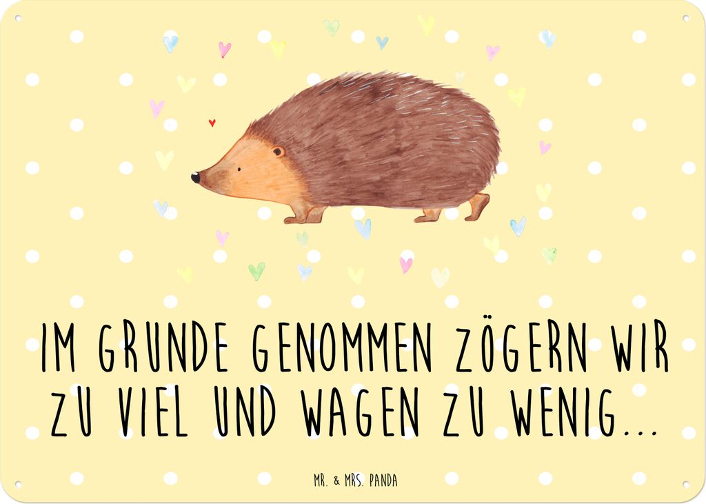 Mr. & Mrs. Panda Wandbild Igel Herzen DIN A3 - Gelb Pastell - Geschenk, tafel, Leben, Türschild, wandtafel, Blechschild, Liebe, Herz, Kuss, Lustig...
