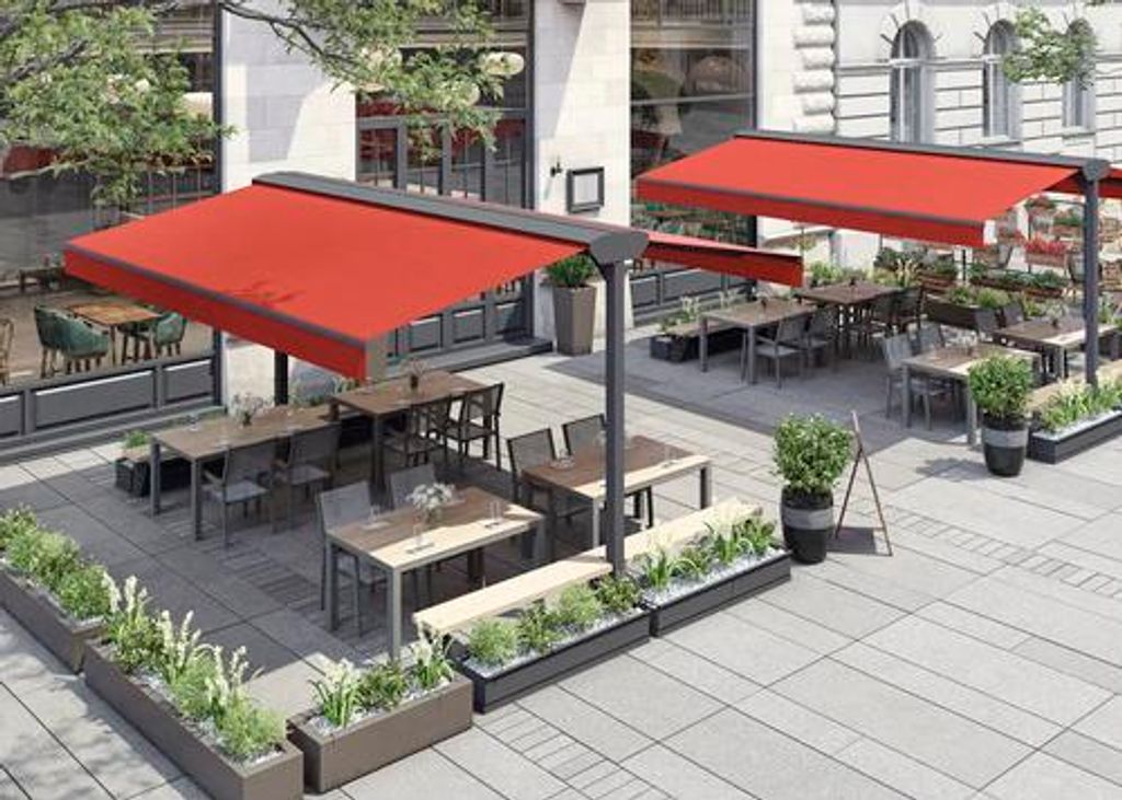 Soluna Standmarkise Duo 300x500 cm Gestellfarbe DB703 dunkelgrau Stoffdessin 3914 inkl. 8x Holzbohlen für Sitzbänke unbe