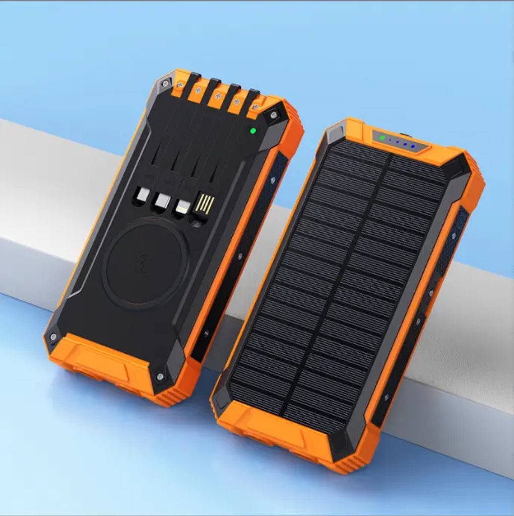 Two solar power banks are displayed on a light blue and white background.