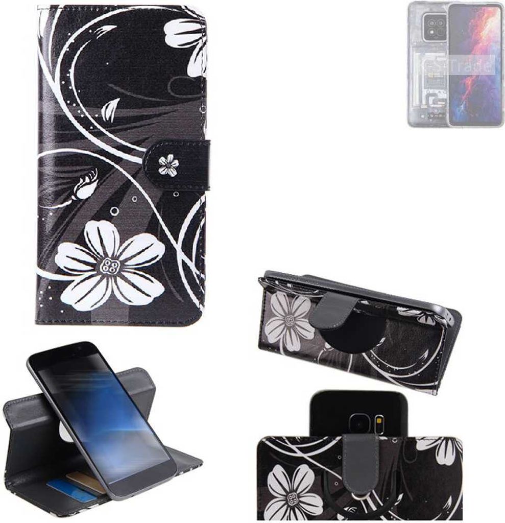 K-S-Trade Schutzhülle Handyhülle kompatibel mit AGM X6 Hülle 360° Wallet Case “Flowers“ Klapphülle Hülle schwarz-weiß 1x